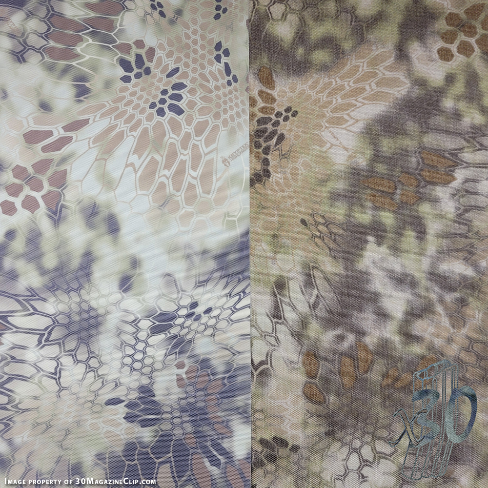 Kryptek Highlander pattern comparison between Dye Sublimation and Standard Screen Printing on 1000D Material.
